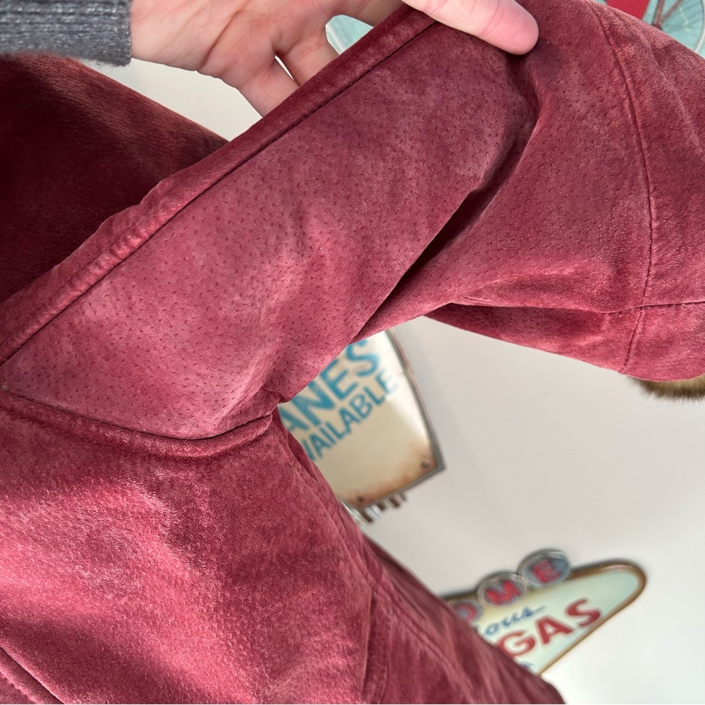 Dennis Basso Cranberry Suede Faux Fur Hooded Coat - Picture 14 of 15